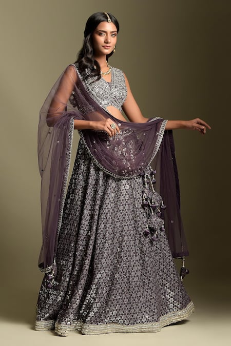 Buy_Two Sisters By Gyans_Purple Blouse Sequin And Zari Work Lehenga Set_Online_at_Aza_Fashions