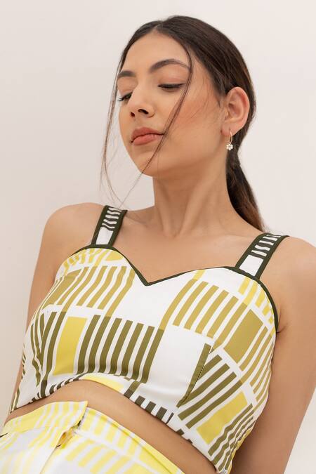 Buy_Kritika Madan Label_Green Papaya Twill Printed Linear Sweetheart Neck Crop Top And Pant Set_Online_at_Aza_Fashions