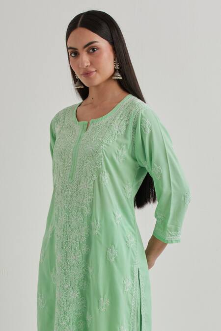 Buy Priya Chaudhary Green Cotton Embroidery V-neck Kurta Set Online at Aza Fashions Buy_Priya Chaudhary_Green Cotton Embroidery V-neck Kurta Set _Online_at_Aza_Fashions