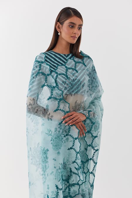 Buy_Amisha Kothari_Blue Organza, Embroidery High Neck Dori Border Saree _Online_at_Aza_Fashions