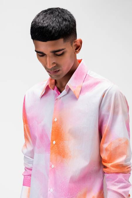 Buy_Genes Lecoanet Hemant_Orange Cotton, Poplin Embroidery Ombre Shirt_Online_at_Aza_Fashions