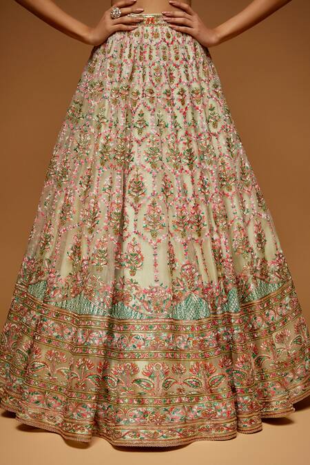 Buy_Neeta Lulla_Beige Tulle Sequin, Resham And Beads V Neck Floral Embroidered Bridal Lehenga Set_Online_at_Aza_Fashions