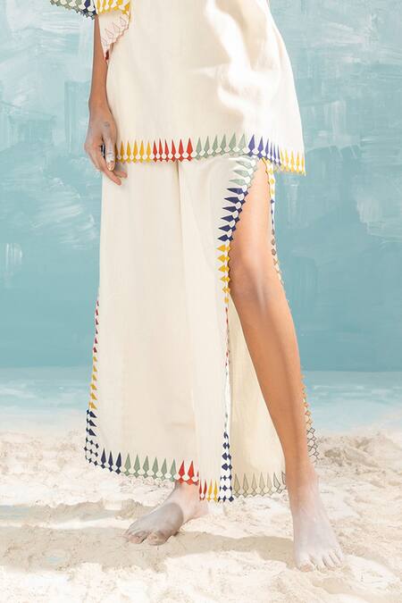 Ikai By Ragini Ahuja_Ivory Cotton Cut Work, Applique Nile High Slit Cut-work Detailed Pant_Online_at_Aza_Fashions