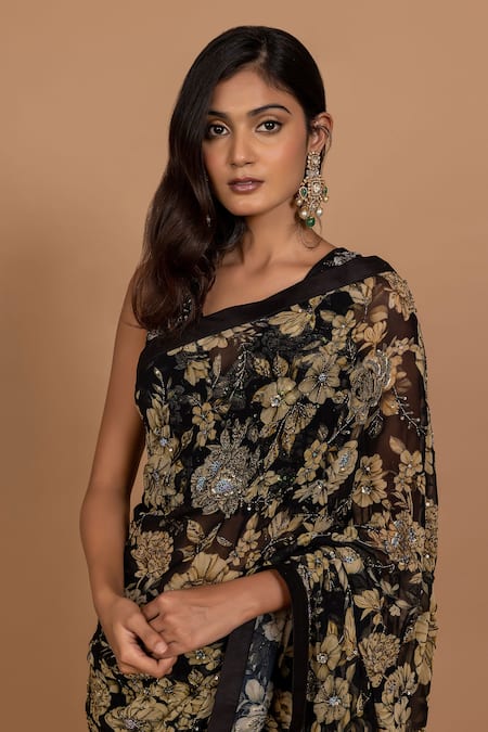 Buy_Varun Bahl_Black Organza Beads V-neck Embroidered Saree With Blouse _Online_at_Aza_Fashions