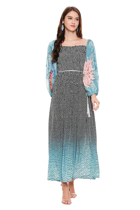 Buy_Soup By Sougat Paul_Black Chiffon, Malaysian Silk Square Neck Printed Maxi Dress _Online_at_Aza_Fashions