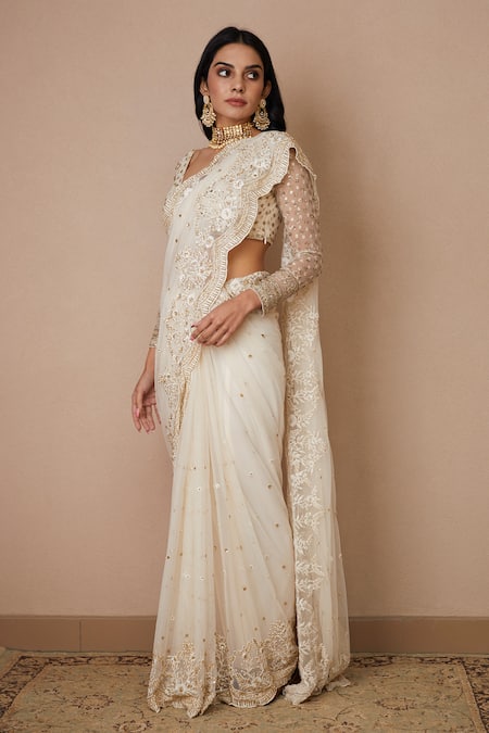 Buy Astha Narang White Net, Crepe Sequins, Cut Work Embroidered Scallop Border Saree With Blouse Online at Aza Fashions Buy_Astha Narang_White Net, Crepe Sequins, Cut Work Embroidered Scallop Border Saree With Blouse _Online_at_Aza_Fashions