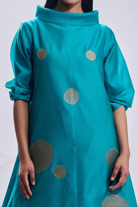 Buy Taika By Poonam Bhagat Blue Tunic Chanderi Embroidered Gold Polkas Collared Neck And Pant Set Online at Aza Fashions Buy_Taika By Poonam Bhagat_Blue Tunic Chanderi Embroidered Gold Polkas Collared Neck And Pant Set _Online_at_Aza_Fashions