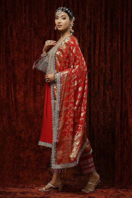 Buy Shikhar Sharma Red Silk, Georgette, Chanderi Pearls, Gota Patti, Embroidered Kurta Pant Set Online at Aza Fashions Buy_Shikhar Sharma_Red Silk, Georgette, Chanderi Pearls, Gota Patti, Embroidered Kurta Pant Set _Online_at_Aza_Fashions