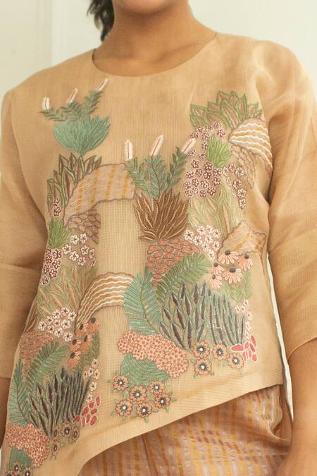 Buy_Oja_Brown Pant  , Tunic  Linen Embroidered And Set _Online_at_Aza_Fashions