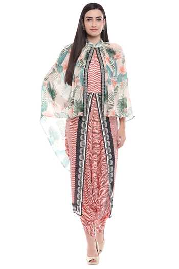 Soup By Sougat Paul_Red Flat Chiffon Jumpsuit Round Cape Mandarin Collar Printed With _Online_at_Aza_Fashions