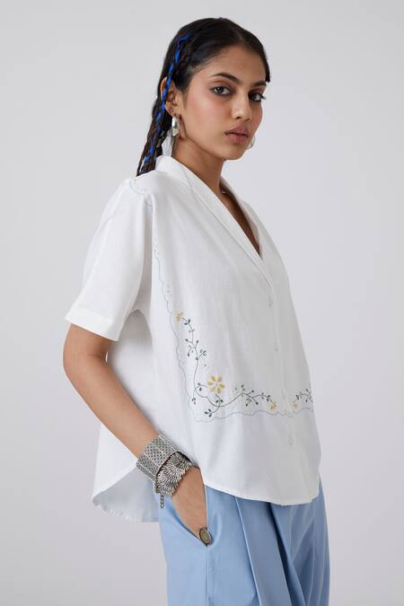 Buy_The Summer House_White Handloom Cotton Embroidery Collared Dua Shirt _Online_at_Aza_Fashions
