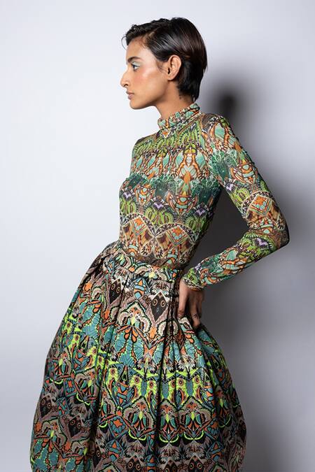 Buy_Siddhartha Bansal_Multi Color Jacquard Woven Butterfly Weaves Box Pleated Skirt _Online_at_Aza_Fashions