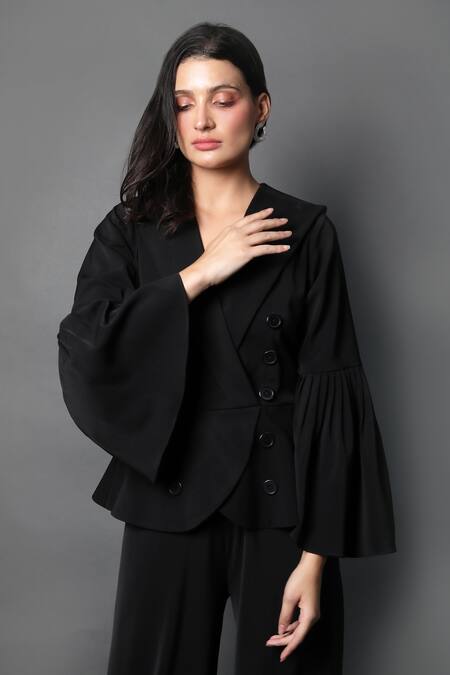 Buy_Swatee Singh_Black Crepe Collared Bell Sleeve Coat Jumpsuit _Online_at_Aza_Fashions