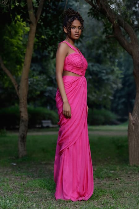 Buy Zwaan Pink Chiffon, Satin V-neck Draped Bodice Gown Online at Aza Fashions Buy_Zwaan_Pink Chiffon, Satin V-neck Draped Bodice Gown_Online_at_Aza_Fashions