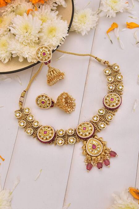 Buy_Swabhimann_Red Beads, Pearls, Stones Carved Embellished Necklace Set _Online_at_Aza_Fashions