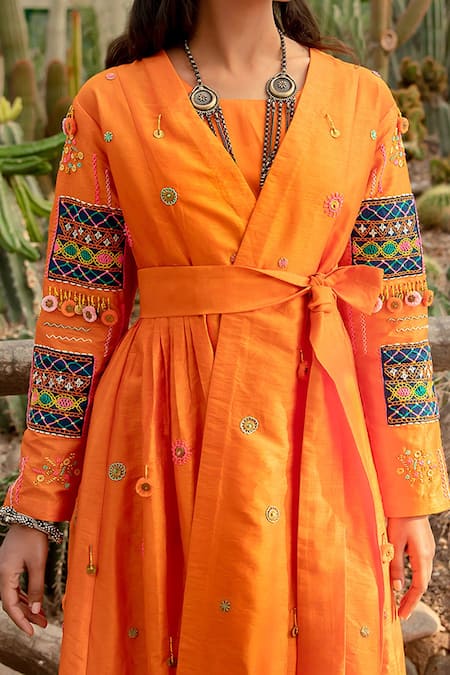 Buy Kacha Tanka Orange Silk, Cotton Embroidery, Mirrors Square Hand Danka Work Jacket Skirt Set Online at Aza Fashions Buy_Kacha Tanka_Orange Silk, Cotton Embroidery, Mirrors Square Hand Danka Work Jacket Skirt Set _Online_at_Aza_Fashions
