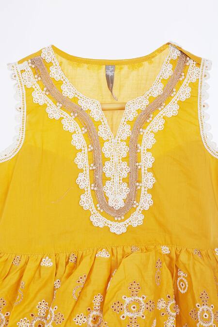 Buy_Mulmul_Yellow Cotton Embroidery Nell Kurta And Pant Set_Online_at_Aza_Fashions