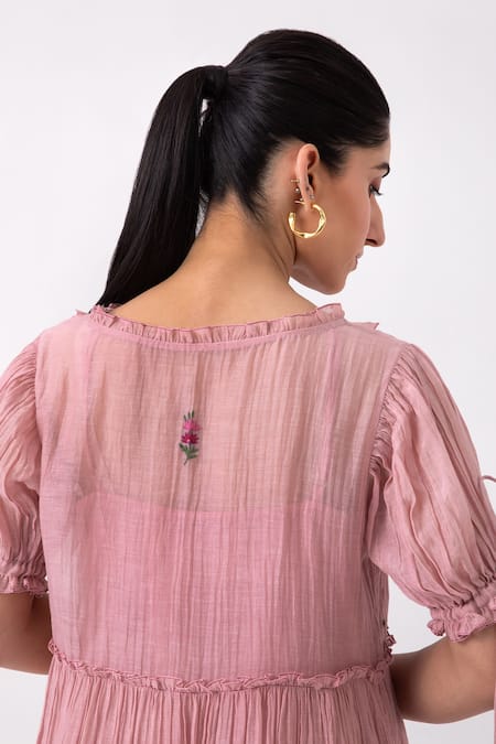 Buy_Label Shreya Sharma_Pink Chanderi Embroidery Round Neck Floral Placement Dress _Online_at_Aza_Fashions