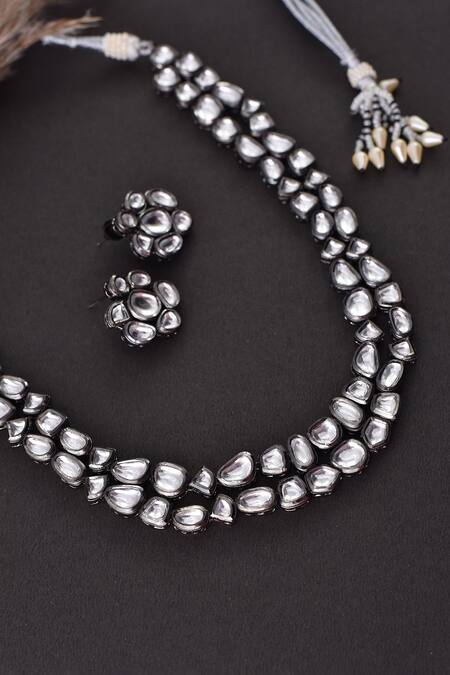 Buy_Swabhimann_Silver Plated Diamonds, Stones Layered Kundan Necklace Set _Online_at_Aza_Fashions