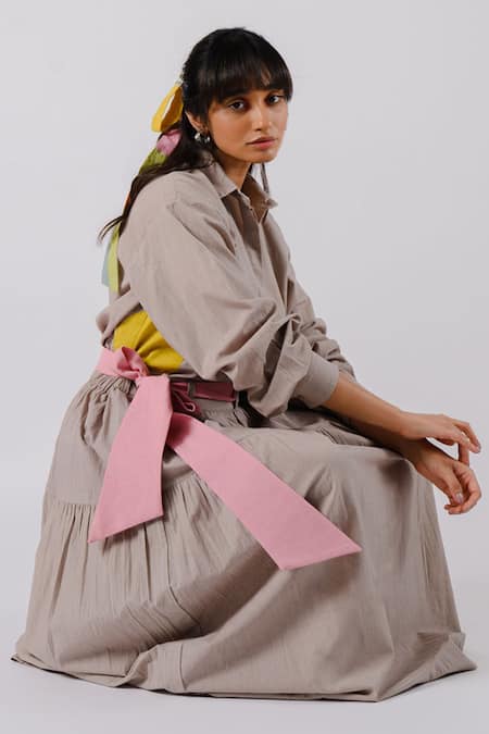 Tussah by Siddhi Shah_Grey Cotton Collared Shirt And Tiered Skirt Set _Online_at_Aza_Fashions