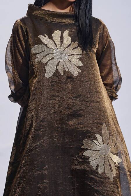 Buy Taika By Poonam Bhagat Brown Tunic Chanderi Embroidered Gold Petals Collared Neck And Pant Set Online at Aza Fashions Buy_Taika By Poonam Bhagat_Brown Tunic Chanderi Embroidered Gold Petals Collared Neck And Pant Set _Online_at_Aza_Fashions