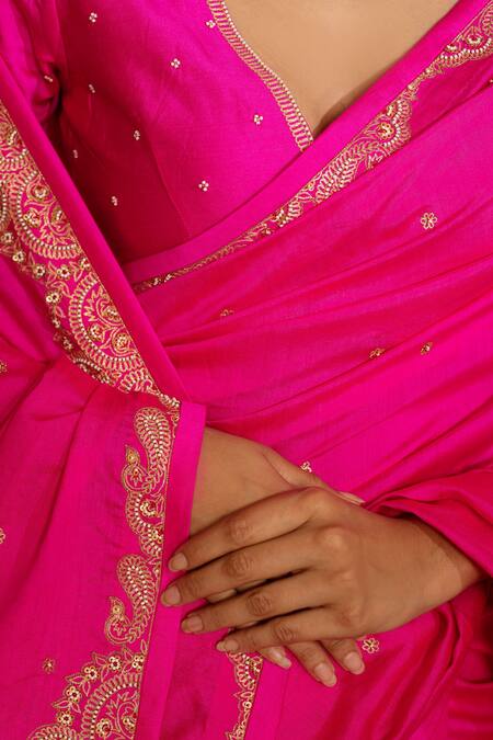 Buy_Deep Thee_Fuchsia Silk Mirrors, Metallic Thread Moti And Zari Embroidered Saree With Blouse _Online_at_Aza_Fashions