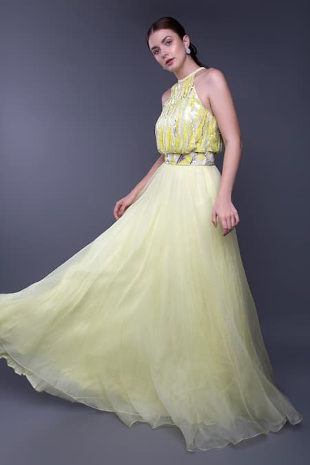 Buy_Anjum Qureshi_Yellow Organza Embroidery Sequin Halter Neck Bodice Gown _Online_at_Aza_Fashions