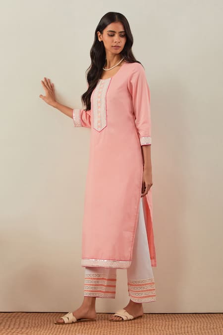 Buy_The Indian Cause_Peach Cotton Embroidery, Sequins Round Neck Rozana Placket Kurta _Online_at_Aza_Fashions