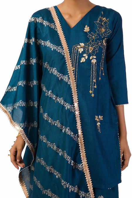 Buy Meghna Shah Blue Denim Beads, Stones V-neck Embroidered Kurta Palazzo Set Online at Aza Fashions Buy_Meghna Shah_Blue Denim Beads, Stones V-neck Embroidered Kurta Palazzo Set _Online_at_Aza_Fashions