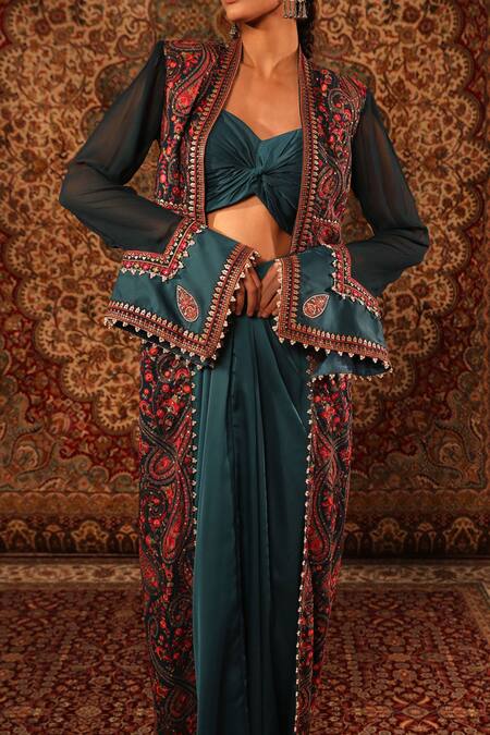 Buy_Aditi Gupta_Green Satin Woven And Embroidered Jamawar Pattern Kashida Draped Skirt Set _Online_at_Aza_Fashions