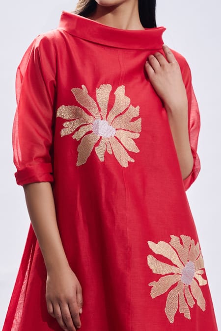 Buy Taika By Poonam Bhagat Red Tunic Chanderi Embroidered Gold Petals Collared Neck And Pant Set Online at Aza Fashions Buy_Taika By Poonam Bhagat_Red Tunic Chanderi Embroidered Gold Petals Collared Neck And Pant Set _Online_at_Aza_Fashions