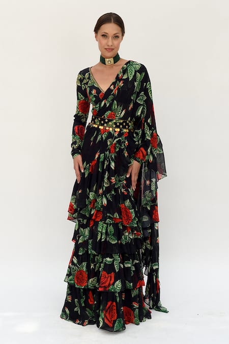 Buy Sanam Black Silk, Chiffon Sequins, Rosamund Pre-stiched Ruffle Saree With Blouse Online at Aza Fashions Buy_Sanam_Black Silk, Chiffon Sequins, Rosamund Pre-stiched Ruffle Saree With Blouse _Online_at_Aza_Fashions