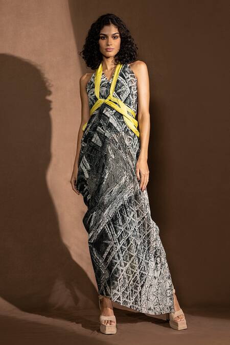 Buy Abhishek Sharma White Poly Georgette Geometric Pattern Halter Neck Draped Gown Online at Aza Fashions Buy_Abhishek Sharma_White Poly Georgette Geometric Pattern Halter Neck Draped Gown _Online_at_Aza_Fashions