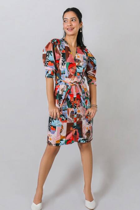 Buy_Fuga_Multi Color Lycra V-neck Abstract Pattern V Dress With Belt _Online_at_Aza_Fashions