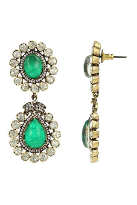 Shop_Ishhaara_Green Stones, Diamonds, Embroidery Emerald Doublet Earrings_Online_at_Aza_Fashions