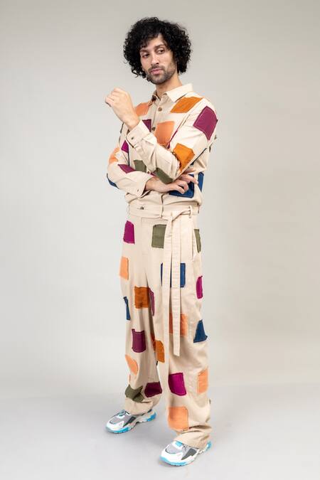 Doodlage Beige Cotton Edward Patchwork Jumpsuit With Belt Online at Aza Fashions Doodlage_Beige Cotton Edward Patchwork Jumpsuit With Belt_Online_at_Aza_Fashions