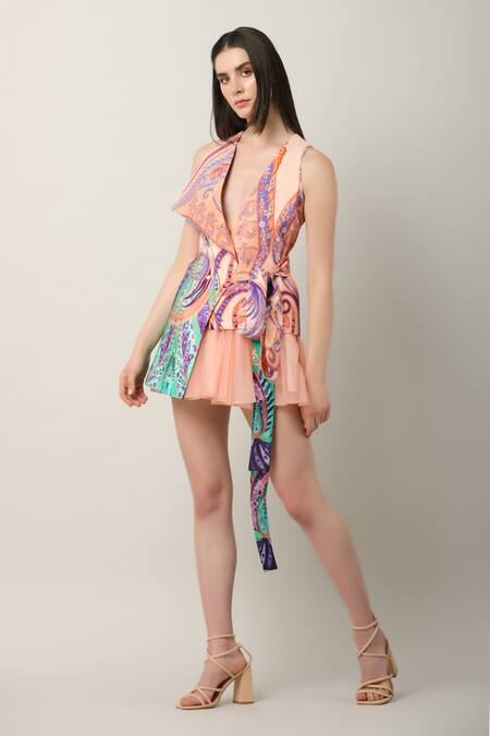 Shop Limerick By Abirr N' Nanki Multi Color Crepe Embroidery Collared Vienna Printed Wrap Jacket Online at Aza Fashions Shop_Limerick By Abirr N' Nanki_Multi Color Crepe Embroidery Collared Vienna Printed Wrap Jacket _Online_at_Aza_Fashions