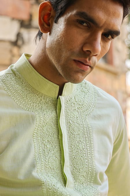 Buy_Raw & Rustic By Niti Bothra_Green Linen, Cotton Embroidery Lucknowi Kurta _Online_at_Aza_Fashions
