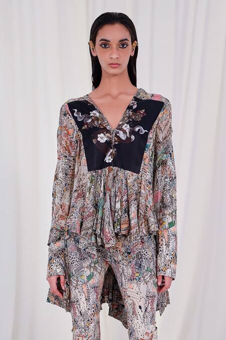 Buy AK-OK White Silk V-neck Abstract Print Top And Pant Set Online at Aza Fashions Buy_AK-OK_White Silk V-neck Abstract Print Top And Pant Set _Online_at_Aza_Fashions