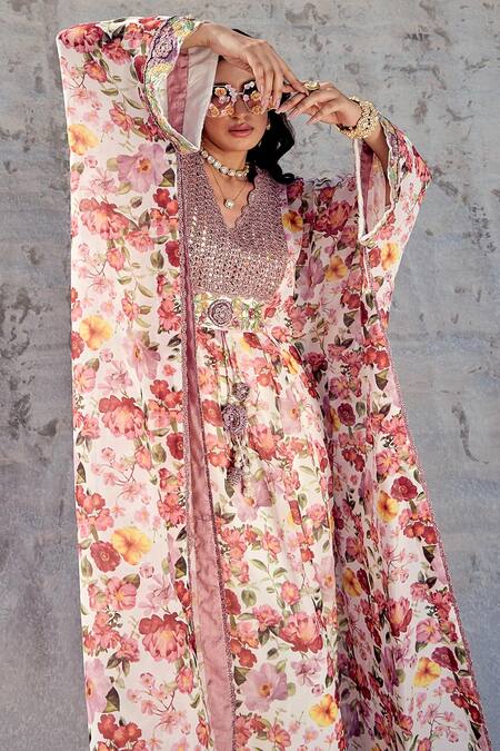 Buy_Nikita Vishakha_Purple V-neck Floral Printed Kaftan Set With Pant _Online_at_Aza_Fashions