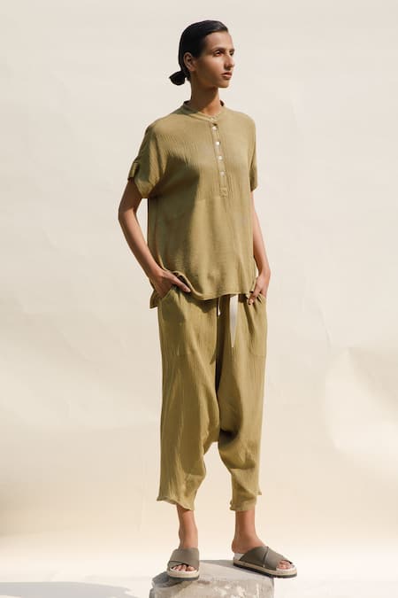 Urvashi Kaur_Yellow Handloom Cotton Mandarin Collar Nova Stripe Woven Top _Online_at_Aza_Fashions