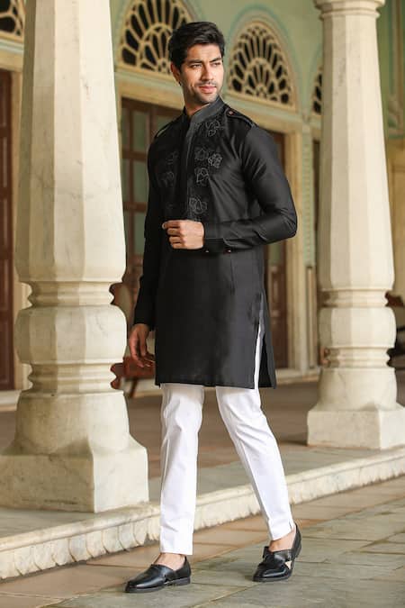 Buy_Raw & Rustic By Niti Bothra_Black Chanderi Silk Embroidery Banarasi Applique Kurta _Online_at_Aza_Fashions