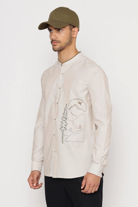 Buy_Lacquer Embassy_Beige Cotton Embroidery Lambeth Striped Pattern Shirt _Online_at_Aza_Fashions