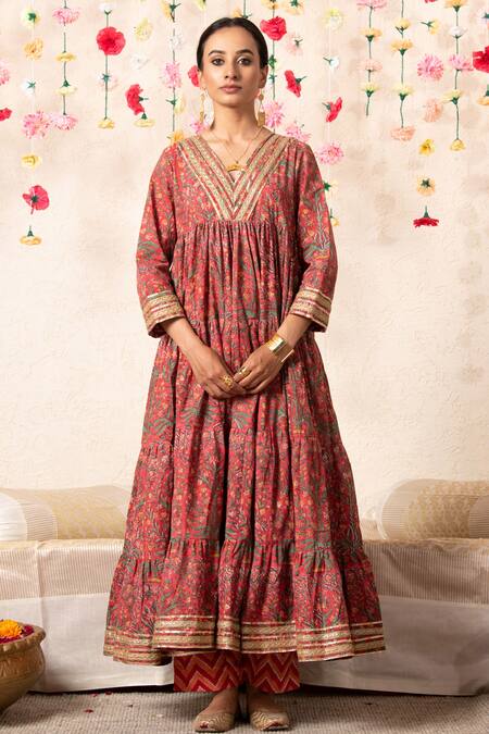 Buy_Marche_Peach Cotton V Neck Hand Block Print Anarkali Set _Online_at_Aza_Fashions