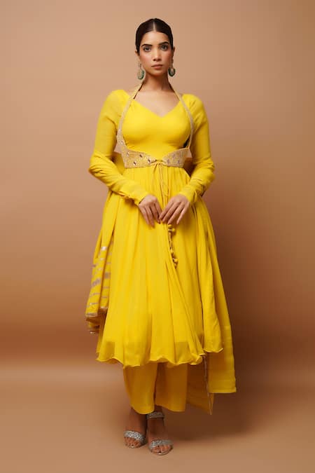 Buy Ahi Clothing Yellow Georgette, Linen Embroidery, Gota Patti, Gathered Sleeve Anarkali Set Online at Aza Fashions Buy_Ahi Clothing_Yellow Georgette, Linen Embroidery, Gota Patti, Gathered Sleeve Anarkali Set _Online_at_Aza_Fashions