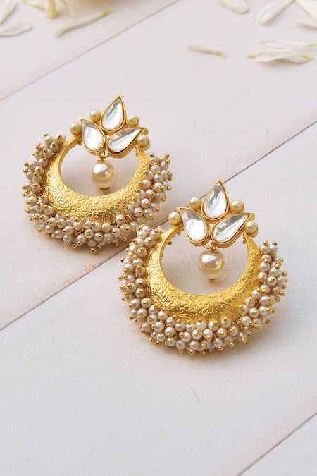 Buy_Swabhimann_Gold Plated Pearls, Cut Work Polki Embellished Chandbalis _Online_at_Aza_Fashions