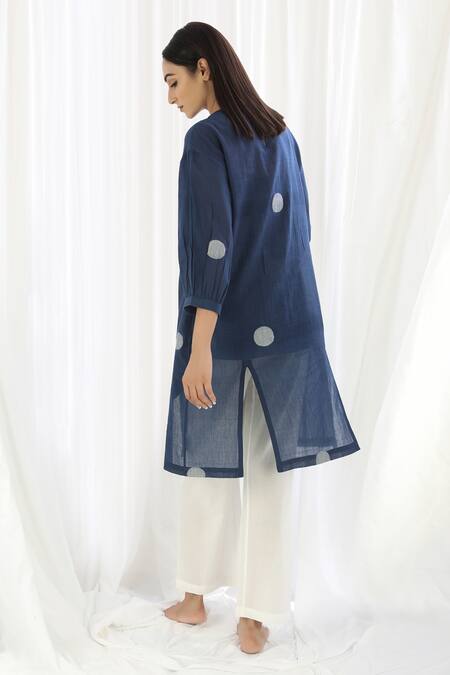 Buy_Khat_Blue Cotton V-neck Handwoven Polka Pattern Tunic And Pant Set _Online_at_Aza_Fashions