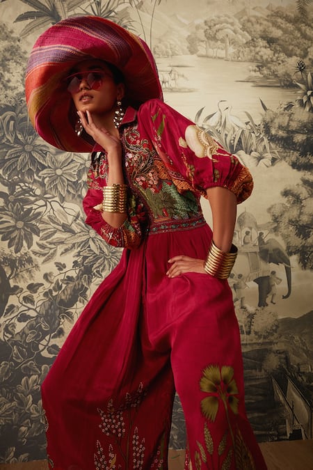 Buy_Kalista_Magenta Crepe Embroidery Collared Seinna Mughal Pattern Jumpsuit _Online_at_Aza_Fashions