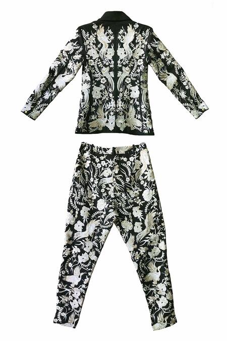 Buy_Dash And Dot_Black 20% Viscose, 3% Elastane, 77% Polyester Gara Stitch Work Jacket And Pant Set _Online_at_Aza_Fashions