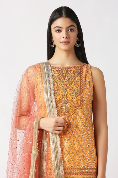 Buy_Labbada_Yellow Kurta Pure Silk Hand Embroidered Marodi Boat Short Sharara Set_Online_at_Aza_Fashions